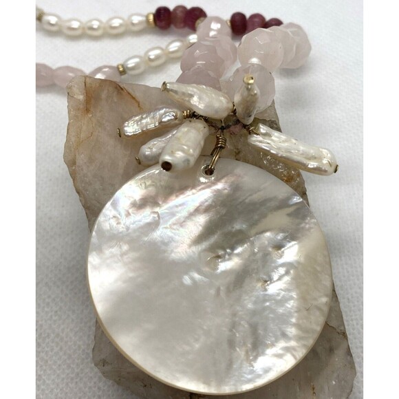Vintage Rose Quartz Carved Mother of Pearl Tourmaline 18'' Necklace 14/20 GF 44g - Picture 5 of 9